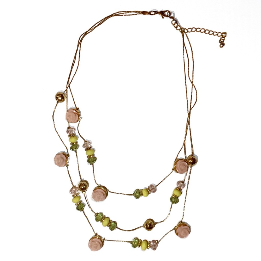 4/$15 🌻 Pink, Green, Gold Floral Statement Necklace